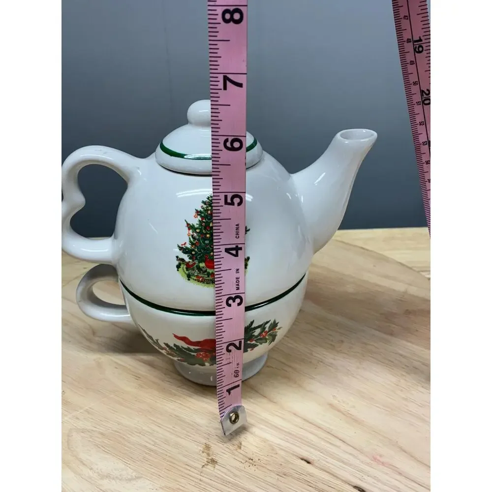 Pfaltzgraff Christmas Tree Tea for One Set | Teapot and Cup Stackable